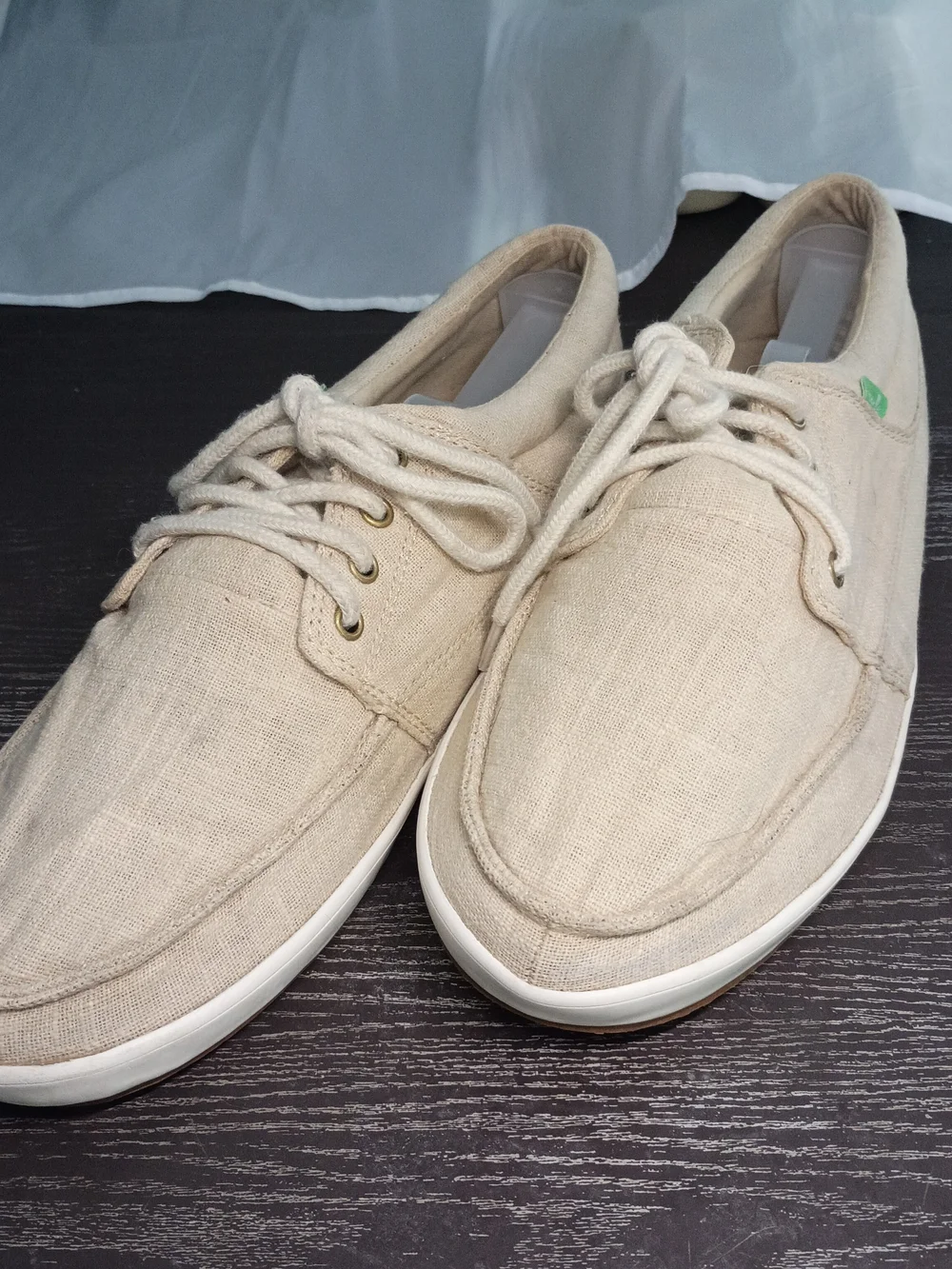 Sanuk Men's 10M Natural Beige Linen Boat Shoes.